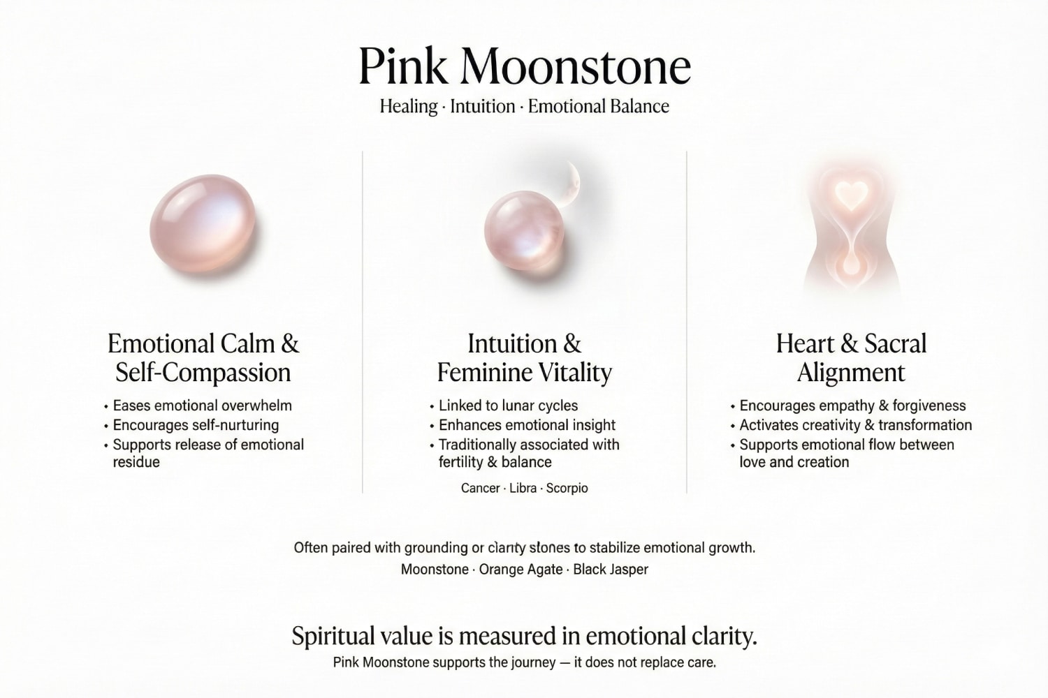 An educational infographic titled "Pink Moonstone: Healing, Intuition, Emotional Balance". It illustrates three key benefits: 1. Emotional Calm & Self-Compassion (Eases overwhelm). 2. Intuition & Feminine Vitality (Linked to lunar cycles, fertility). 3. Heart & Sacral Alignment (Encourages empathy & creativity). It lists associated zodiac signs: Cancer, Libra, Scorpio.