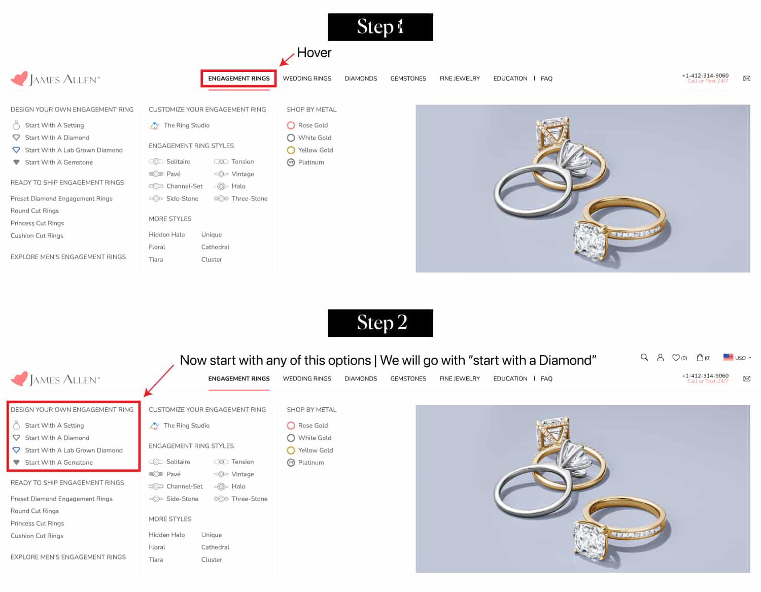 A composite image showing the 3-step process to start building an engagement ring on the James Allen website, from hovering over the menu to selecting 'Start with a Diamond.'