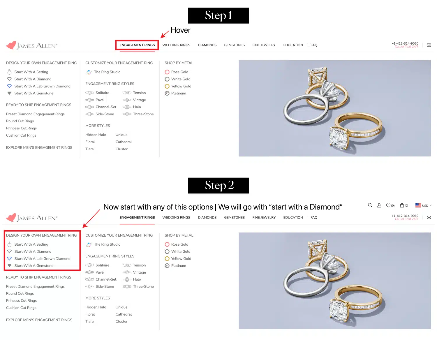 A composite image showing the 3-step process to start building an engagement ring on the James Allen website, from hovering over the menu to selecting 'Start with a Diamond.'