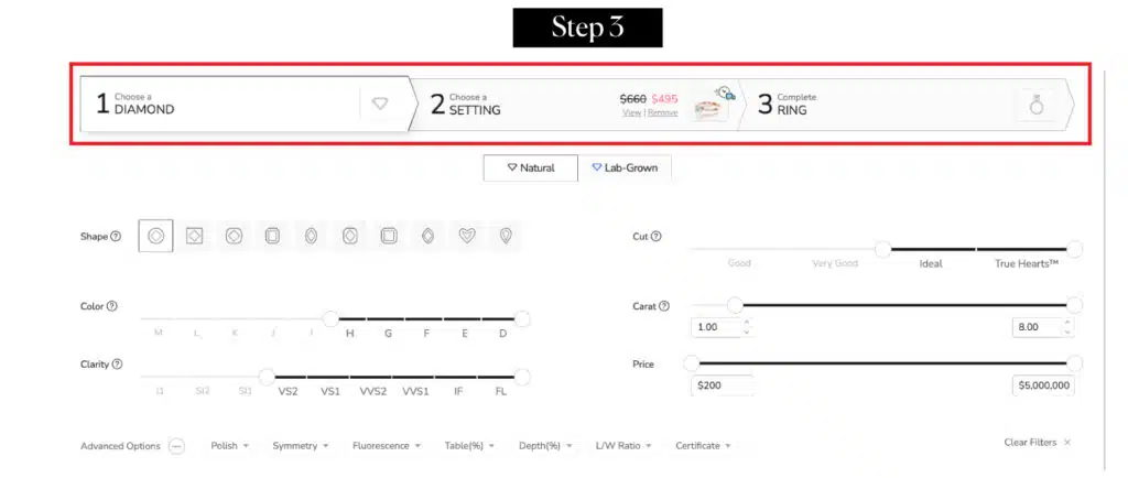 Step 2 of how to design your own ring on James Allen