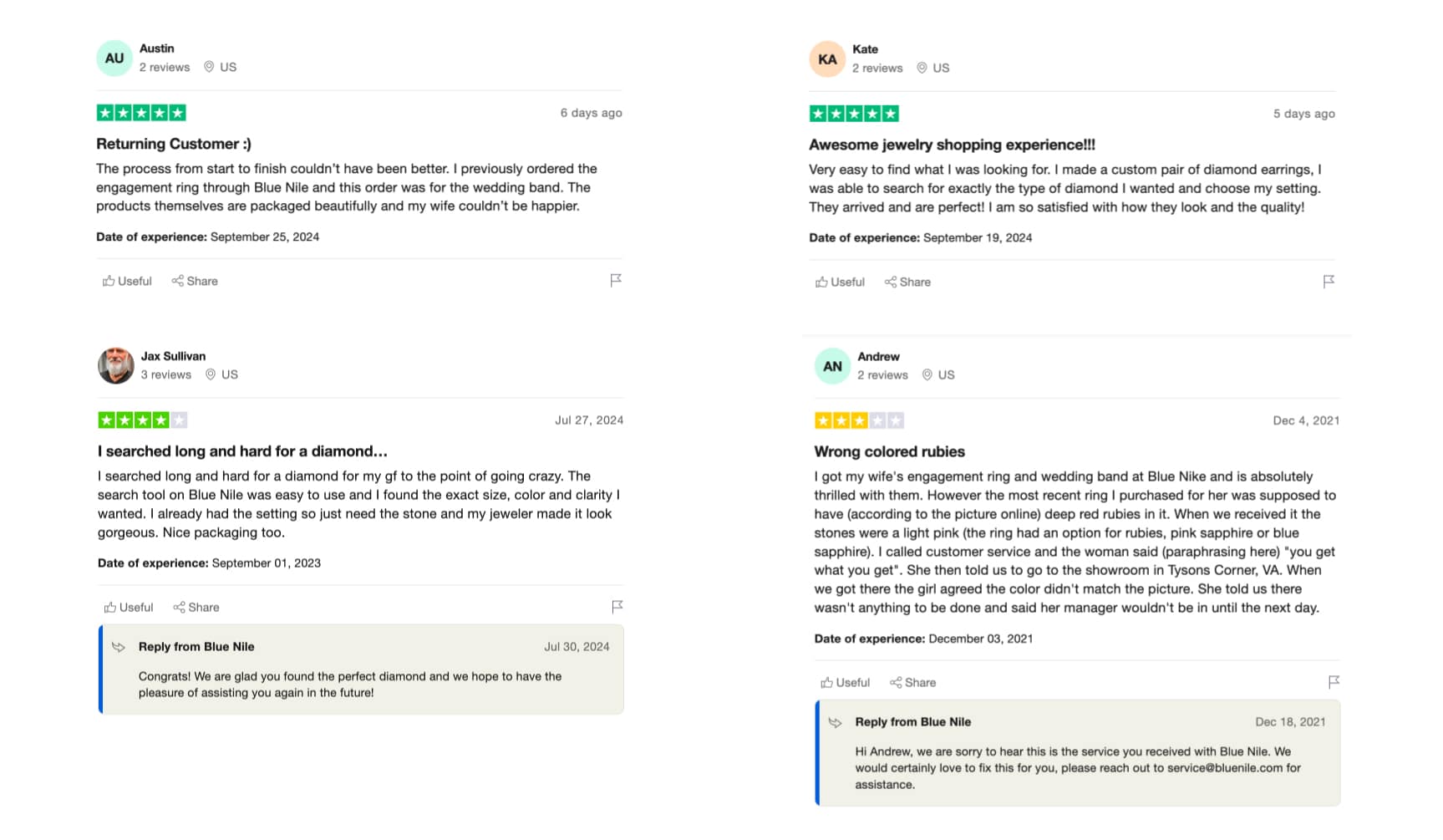 A collage of Trustpilot reviews for Blue Nile, including a 3-star review from a customer named Andrew who complains about the color of his ruby ring.