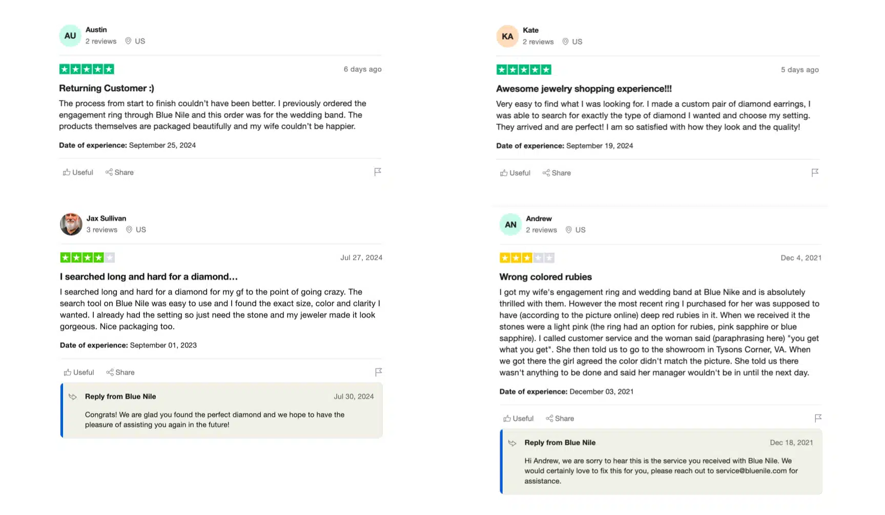 A collage of Trustpilot reviews for Blue Nile, including a 3-star review from a customer named Andrew who complains about the color of his ruby ring.