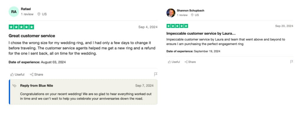Trustpilot screenshots showing 5-star Blue Nile reviews praising their excellent customer service for resolving a sizing issue before a wedding.