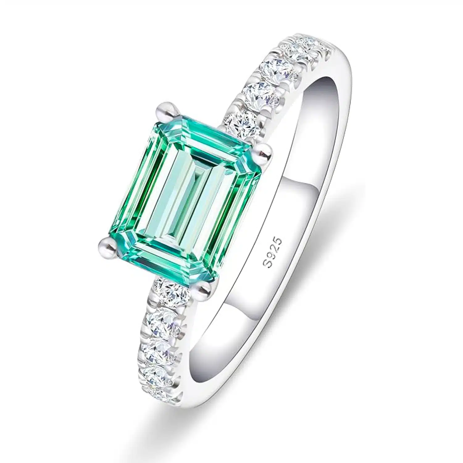 2CT Emerald Cut Green Moissanite Engagement Ring for Women Eternity Diamond Sterling Silver Plated 18K White Gold Natural Gemstone Jewelry, Anniversary Wedding Ring