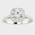 Shop 1 carat lab-grown cushion halo engagement rings below $1000. IGI-certified round-cut diamond, 14k rose gold setting. Elegant and affordable!