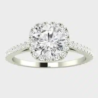 Shop 1 carat lab-grown cushion halo engagement rings below $1000. IGI-certified round-cut diamond, 14k rose gold setting. Elegant and affordable!