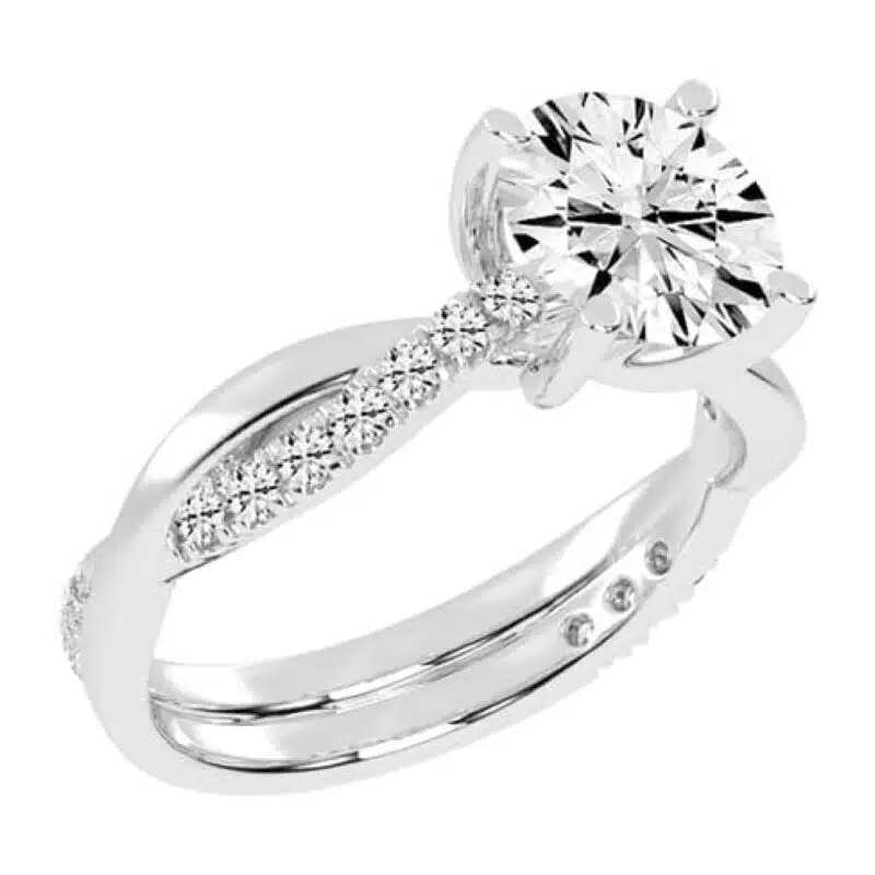 Shop 1 carat twisted-style solitaire lab-grown diamond engagement rings below $1000 in 14k white gold or platinum. F-G color, VS1-VS2 clarity.