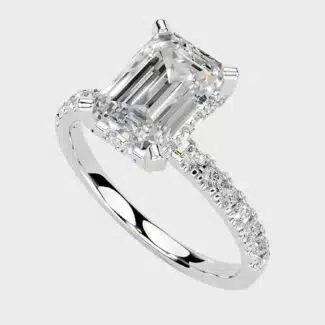 Discover the elegance of a hidden halo emerald-cut lab-grown diamond engagement rings Below 1000. IGI-certified, eco-friendly, and perfect for engagements.