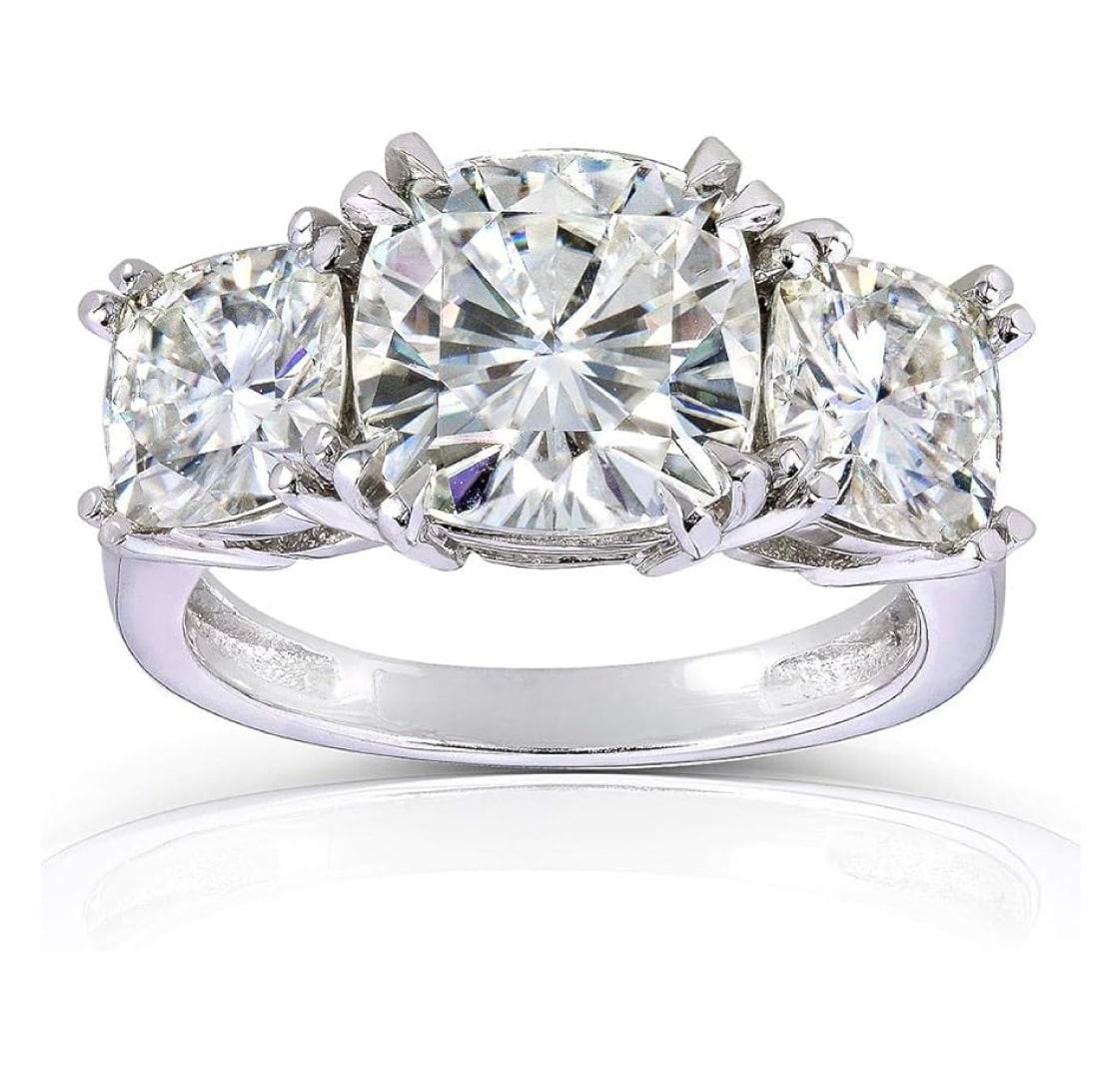 Kobelli Cushion-Cut Moissanite Three-Stone Engagement Ring