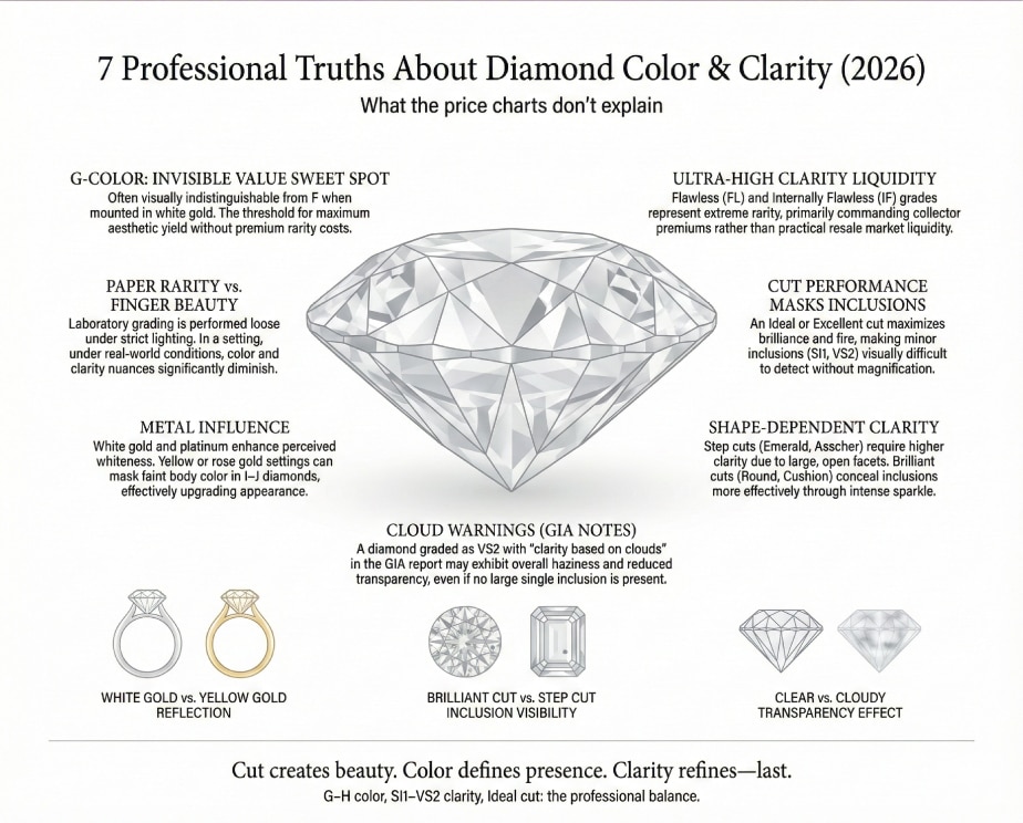 An infographic titled "7 Professional Truths About Diamond Color & Clarity (2026)". It details truths like "G-Color: Invisible Value Sweet Spot," "Metal Influence" (Yellow gold masks color), and "Cut Performance Masks Inclusions." It warns about "Cloud Warnings" in VS2 stones and concludes: "Cut creates beauty. Color defines presence. Clarity refines—last."