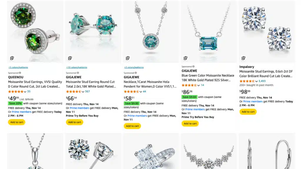 Amazon's moissanite on their website screenshot