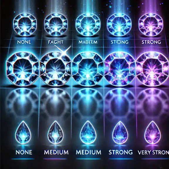 An image of five gemstones arranged in a row with varying levels of fluorescence under UV light. The gemstones are labeled from left to right as None.