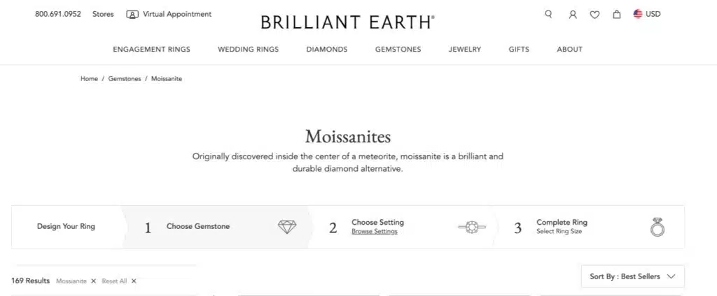 BRILLIANT EARTH MOISSANITE PAGE SCREENSHOT