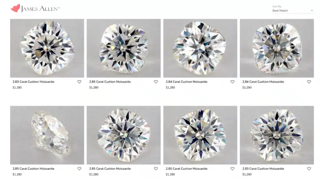 James allen moissanite on their website screenshot