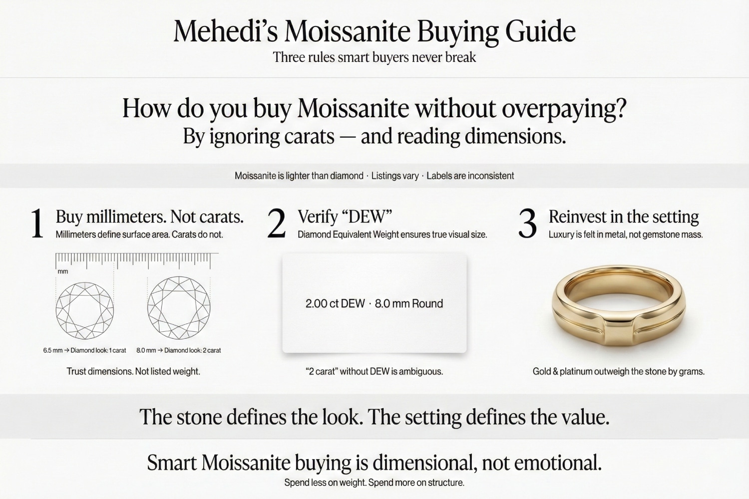 An infographic titled "Mehedi’s Moissanite Buying Guide: Three rules smart buyers never break". It details Rule 1: Buy millimeters not carats (trust dimensions). Rule 2: Verify DEW (Diamond Equivalent Weight). Rule 3: Reinvest in the setting (Luxury is felt in metal). It concludes: "The stone defines the look. The setting defines the value."