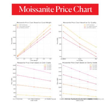 Combined Moissanite Price Charts: A composite graph that shows the price variation of moissanite stones based on four factors: carat weight, cut quality, color grade, and clarity grade. Each section of the chart compares different color grades (D-E-F, G-H-I, and J-K) and prices for various carat weights, cut qualities, and clarity grades.