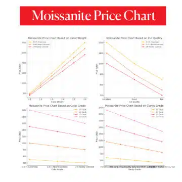 Combined Moissanite Price Charts: A composite graph that shows the price variation of moissanite stones based on four factors: carat weight, cut quality, color grade, and clarity grade. Each section of the chart compares different color grades (D-E-F, G-H-I, and J-K) and prices for various carat weights, cut qualities, and clarity grades.