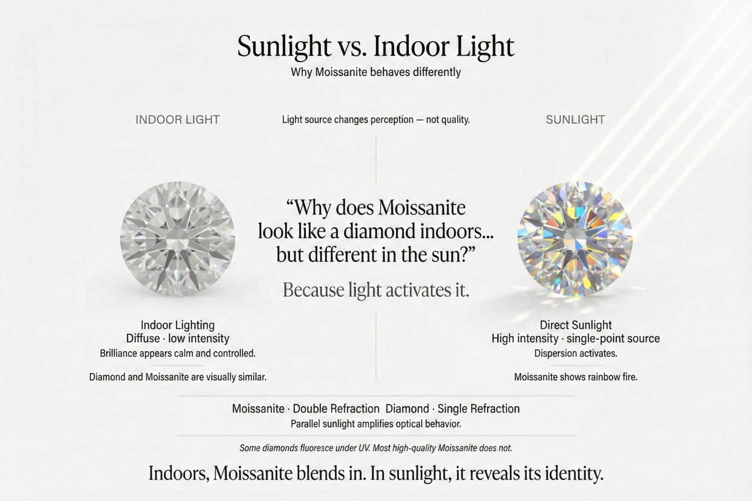 An educational infographic titled "Sunlight vs. Indoor Light". It compares Moissanite under Indoor Light (Diffuse, low intensity, looks like diamond) vs. Sunlight (High intensity, activates dispersion/rainbow fire). It explains that Moissanite is Double Refractive while Diamond is Single Refractive, concluding: "Indoors, Moissanite blends in. In sunlight, it reveals its identity."