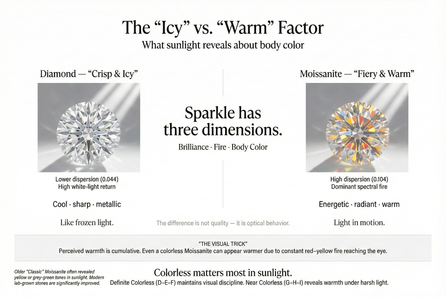 An infographic titled "The 'Icy' vs. 'Warm' Factor" comparing light behavior. Left: Diamond (Lower dispersion 0.044, "Cool, sharp, metallic," "Like frozen light"). Right: Moissanite (High dispersion 0.104, "Energetic, radiant, warm," "Light in motion"). It explains "The Visual Trick": constant red-yellow fire makes Moissanite appear warmer.