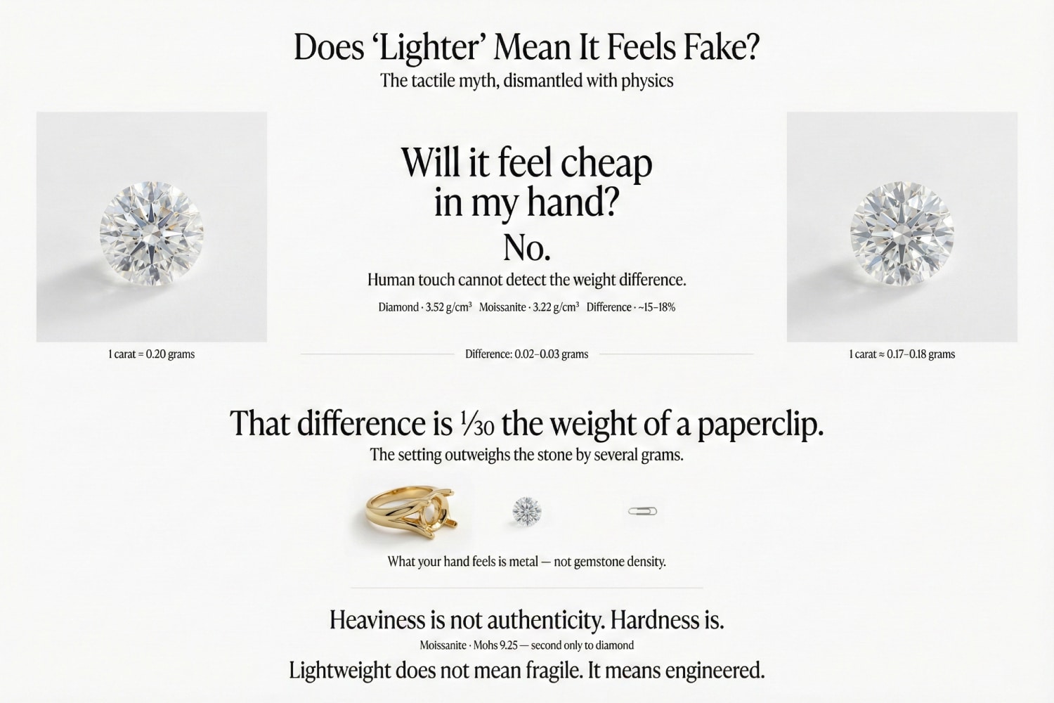 A luxurious educational infographic titled "The Weight Myth" by Aurelia. It compares Diamond density (3.52 g/cm³) vs. Moissanite (3.22 g/cm³). It uses a "Gram-Weight Reality Check" to show the difference is only 0.02g (1/30th of a paperclip). It contrasts this with Cubic Zirconia (the "Heavy Imposter") and compares Moissanite to Titanium (Light but Indestructible).