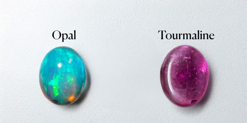 Tourmaline  and opal side by side on a table