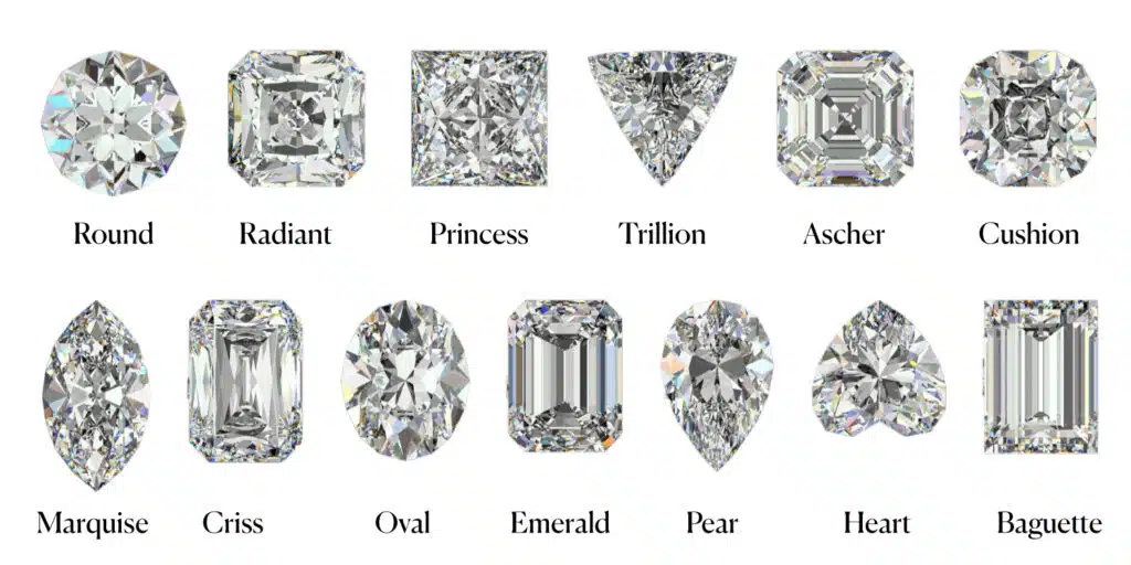 Various diamond shapes including round, radiant, princess, trillion, Ascher, cushion, marquise, criss, oval, emerald, pear, heart, and baguette