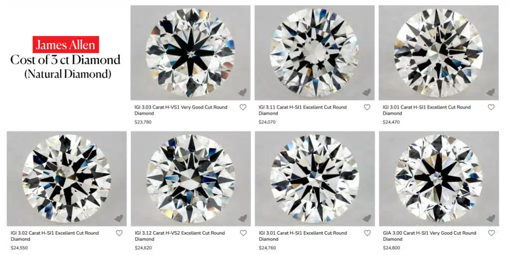 James Allen 3-carat diamonds with prices ranging from $23,780 to $24,800, showcasing various cuts and clarity.