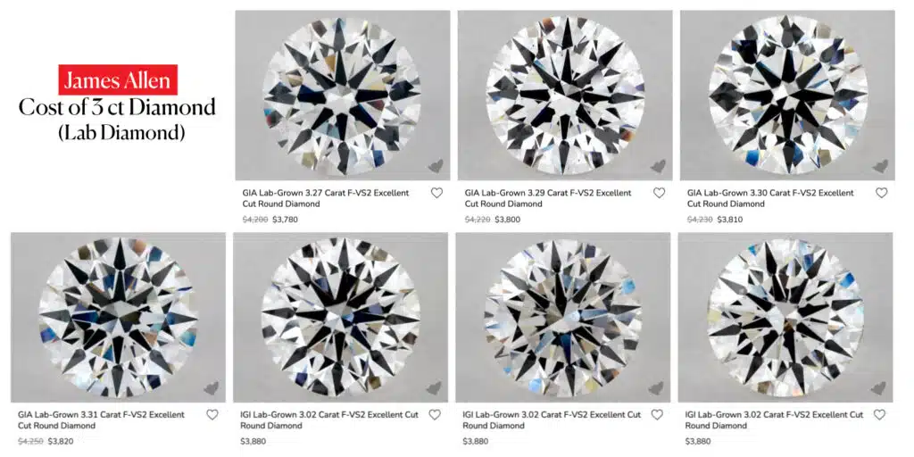 Comparison of lab-grown 3 carat diamonds on James Allen with details such as cut, color, clarity, carat weight, and pricing information.