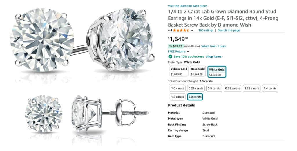 amazon lab grown diamond earring product screenshot