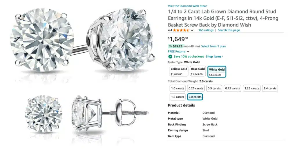 amazon lab grown diamond earring product screenshot