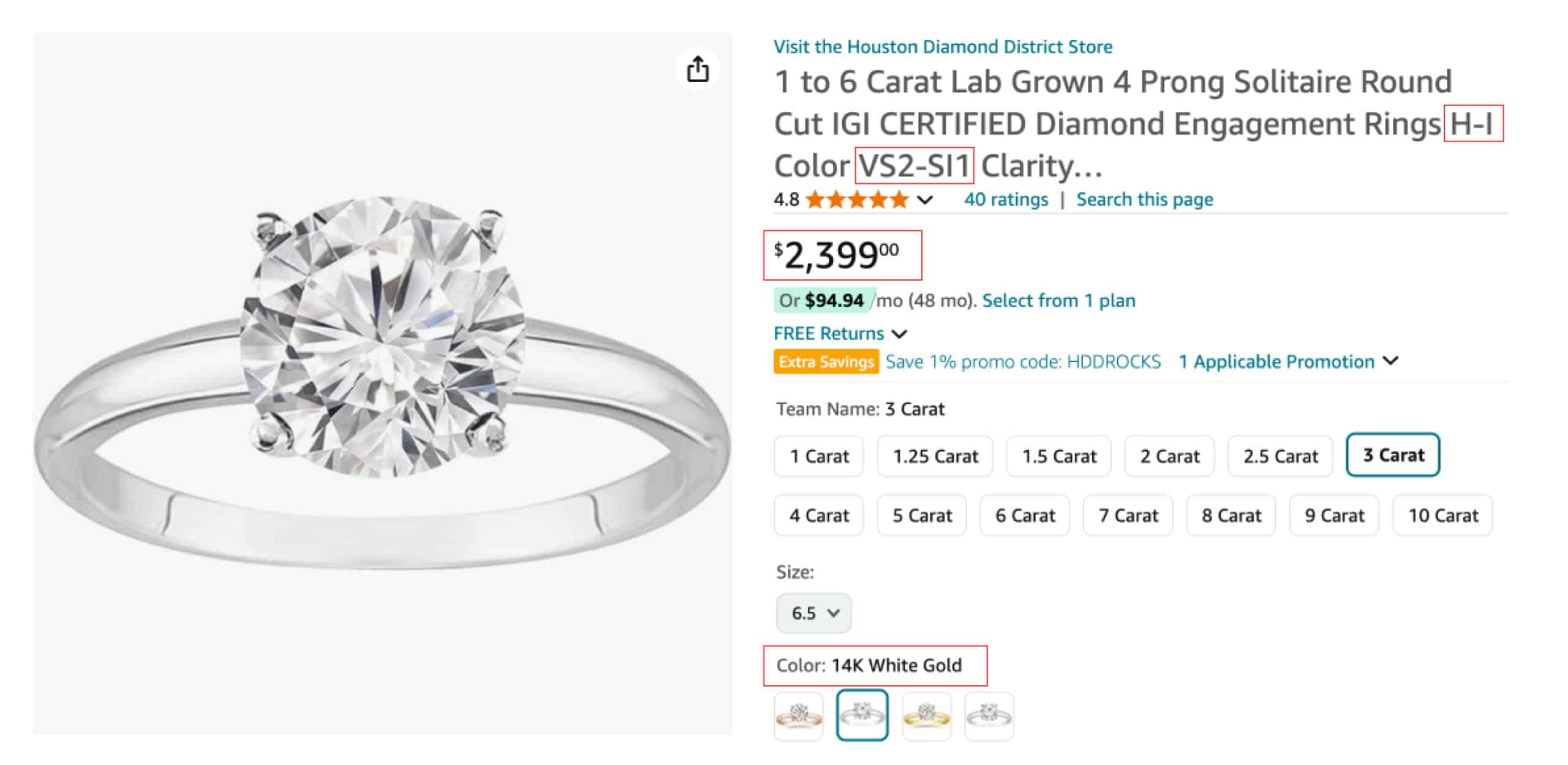3 carat lab grown diamond on Amazon