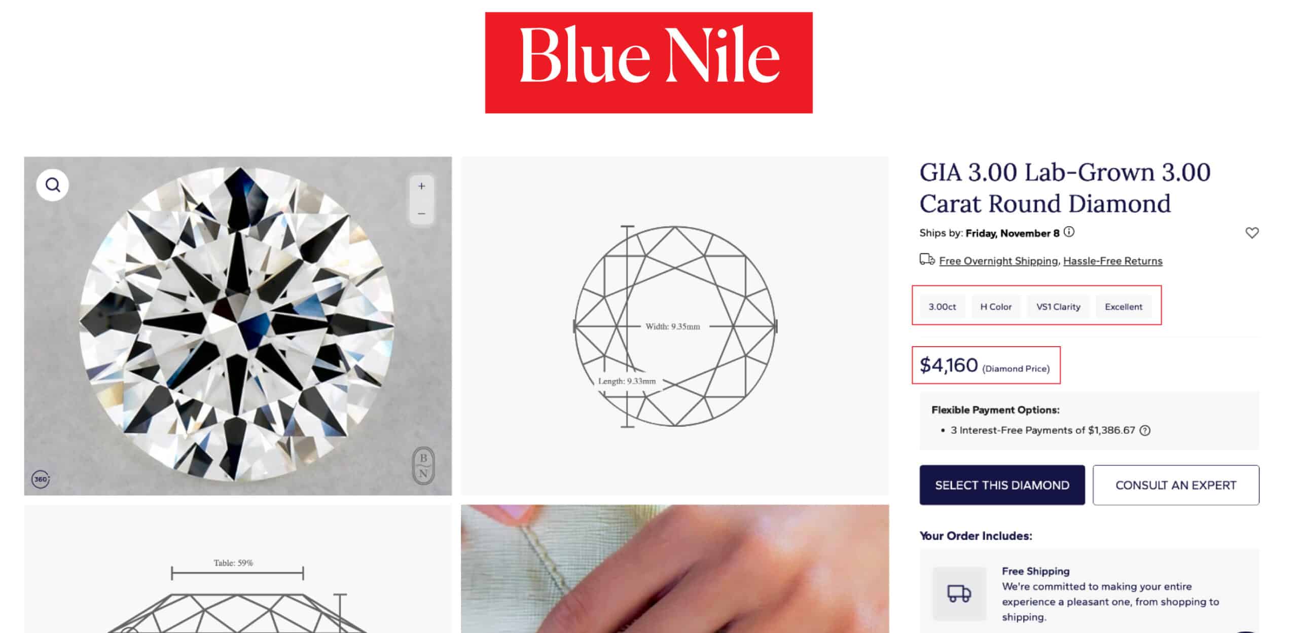 3 carat lab grown diamond on Blue Nile