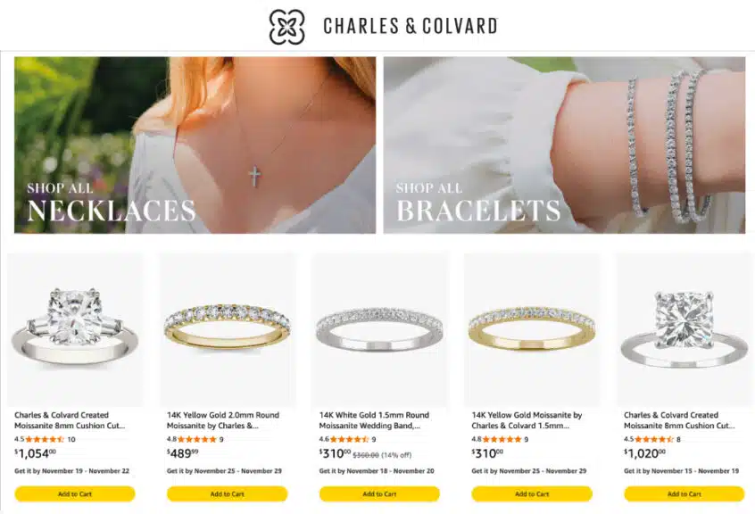 charles and colvard website screenshot on amazon