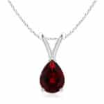 Elegant pear-shaped garnet solitaire pendant in silver, gold, or platinum. Perfect January birthstone gift for birthdays, anniversaries, or weddings.