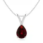 Elegant pear-shaped garnet solitaire pendant in silver, gold, or platinum. Perfect January birthstone gift for birthdays, anniversaries, or weddings.