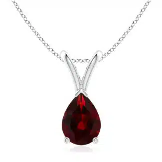 Elegant pear-shaped garnet solitaire pendant in silver, gold, or platinum. Perfect January birthstone gift for birthdays, anniversaries, or weddings.