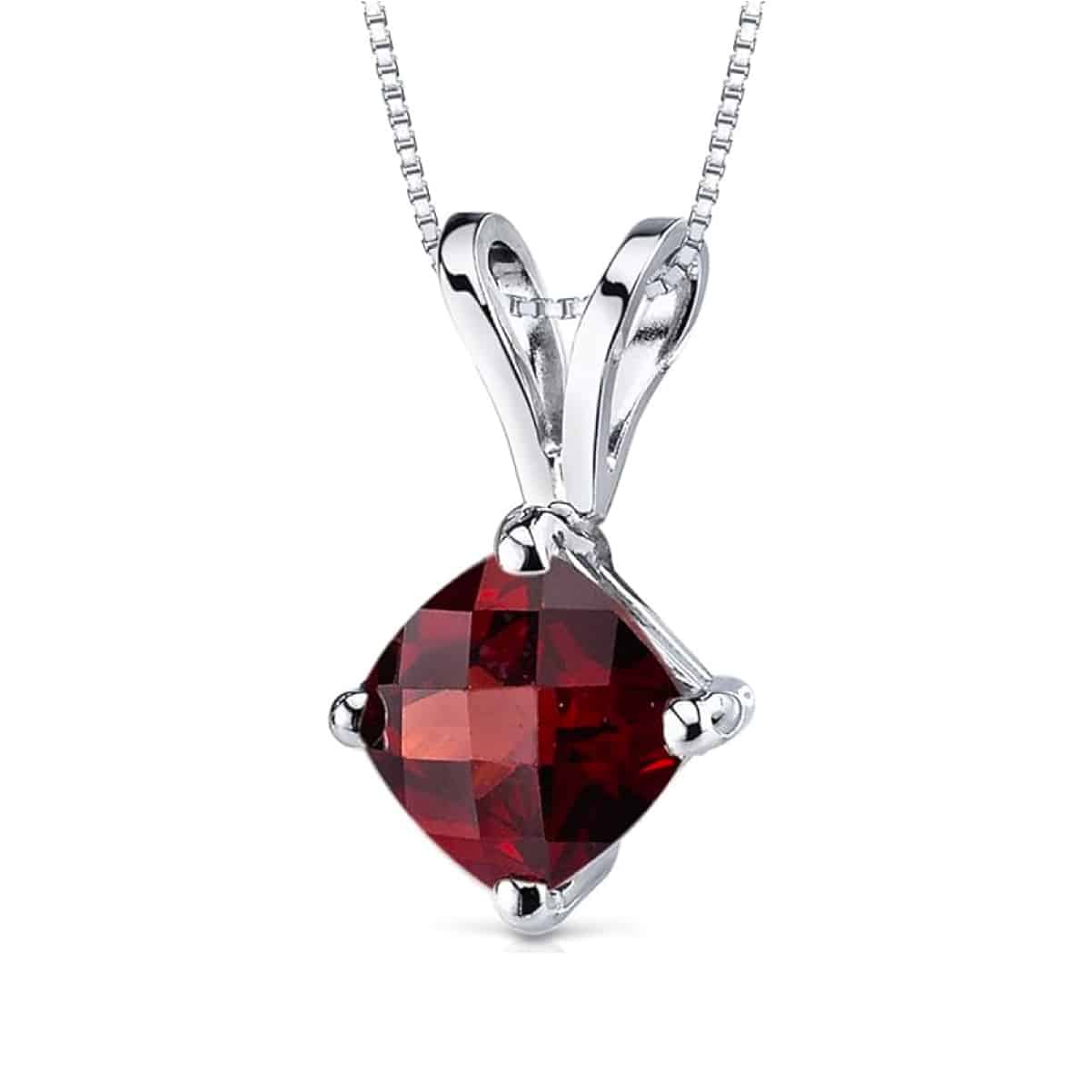 Discover the luxurious Peora Garnet Gold Pendant for women, featuring a deep plum-red gemstone in 14K white gold. Perfect January birthstone gift.