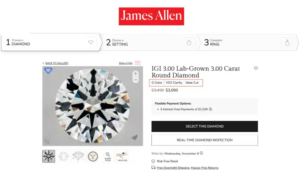 3 carat lab grown diamond on James Allen