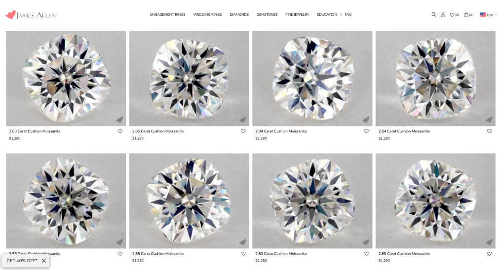 james allen moissanite jewelry collection screenshot