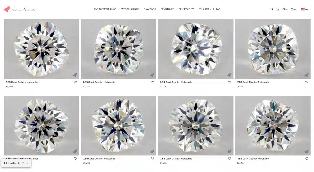 james allen moissanite jewelry collection screenshot