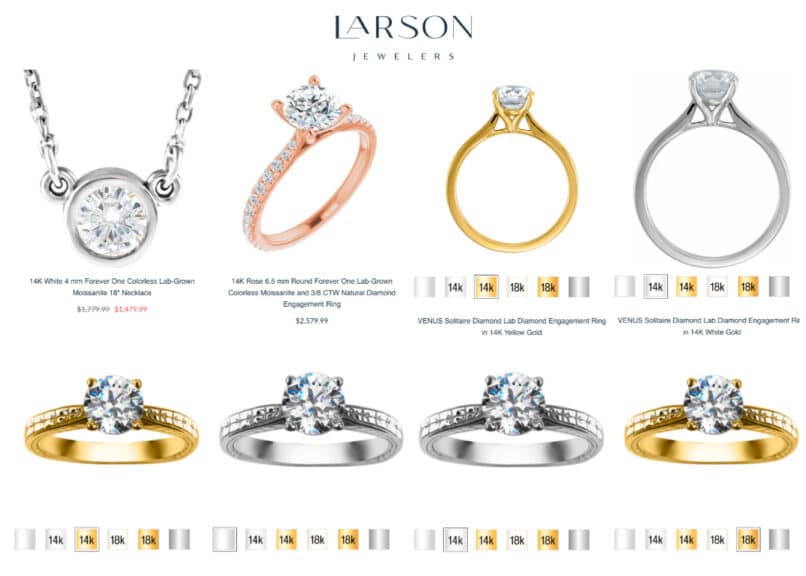 larson jewelers moissanite search collection page screenshot