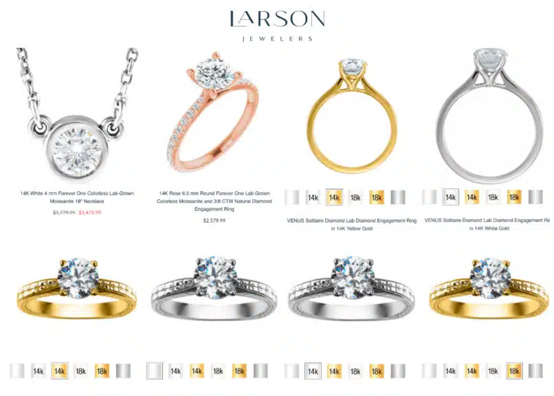 larson jewelers moissanite search collection page screenshot