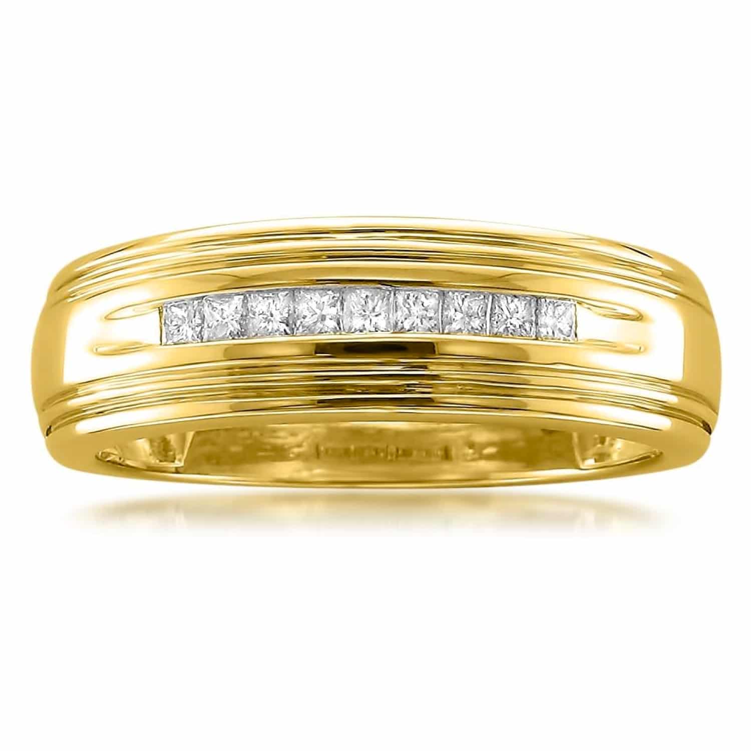 pure-gold-mens-promise-ring 1/4 Carat Diamond, Channel-Set 14K Gold Princess Cut Diamond & Blue Sapphire Men's Wedding Band Ring (H-I, I1-I3) Natural Diamond for Men|Gift Box Included (White,Yellow Gold)