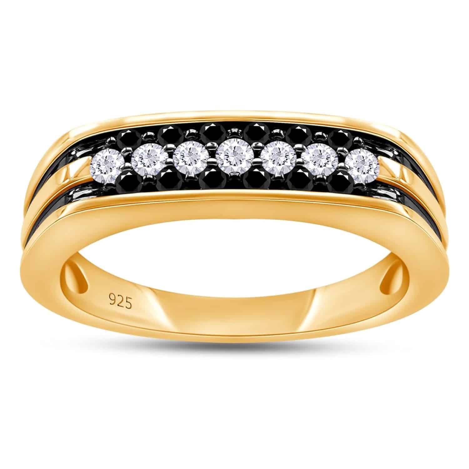 pure-gold-mens-promise-ring 1/2 Carat CTTW Round Cut Black And White Natural Diamond Men's Wedding Band Promise Ring In 14K Gold Over Sterling Silver (0.50 Cttw,I2-I3 Clarity)