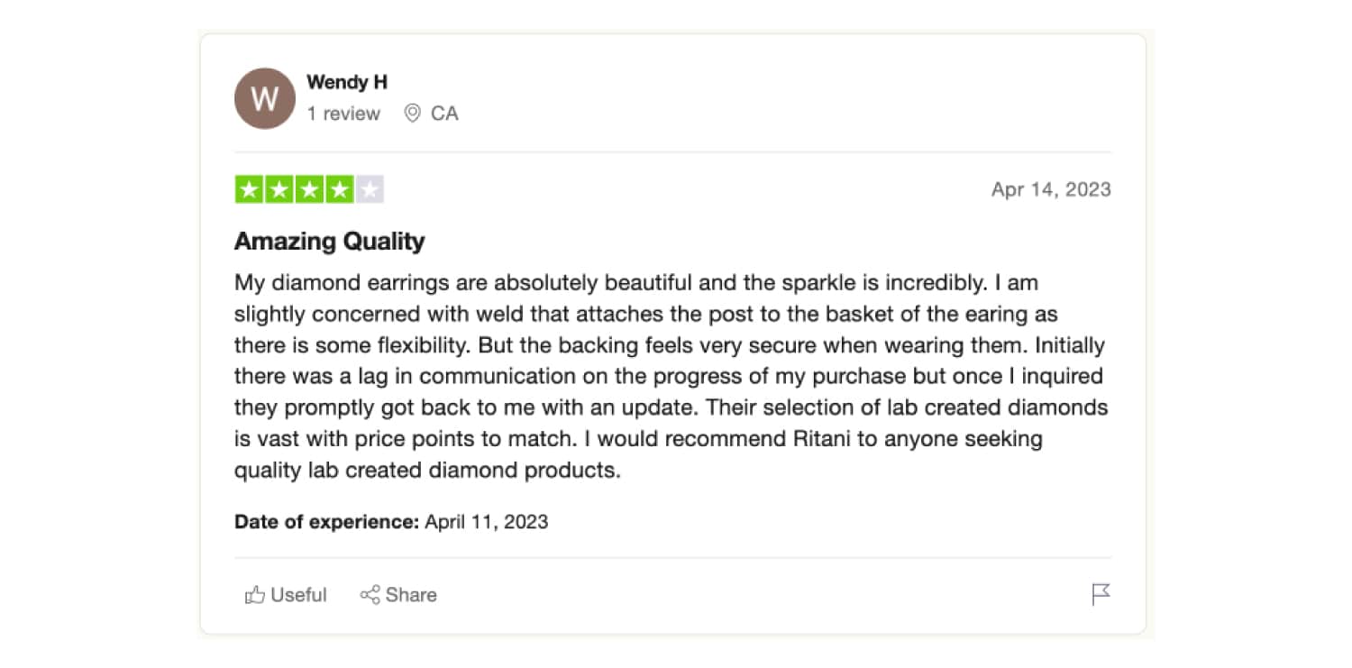 wendy's review on trustpilot On Ritani's diamond earrings
