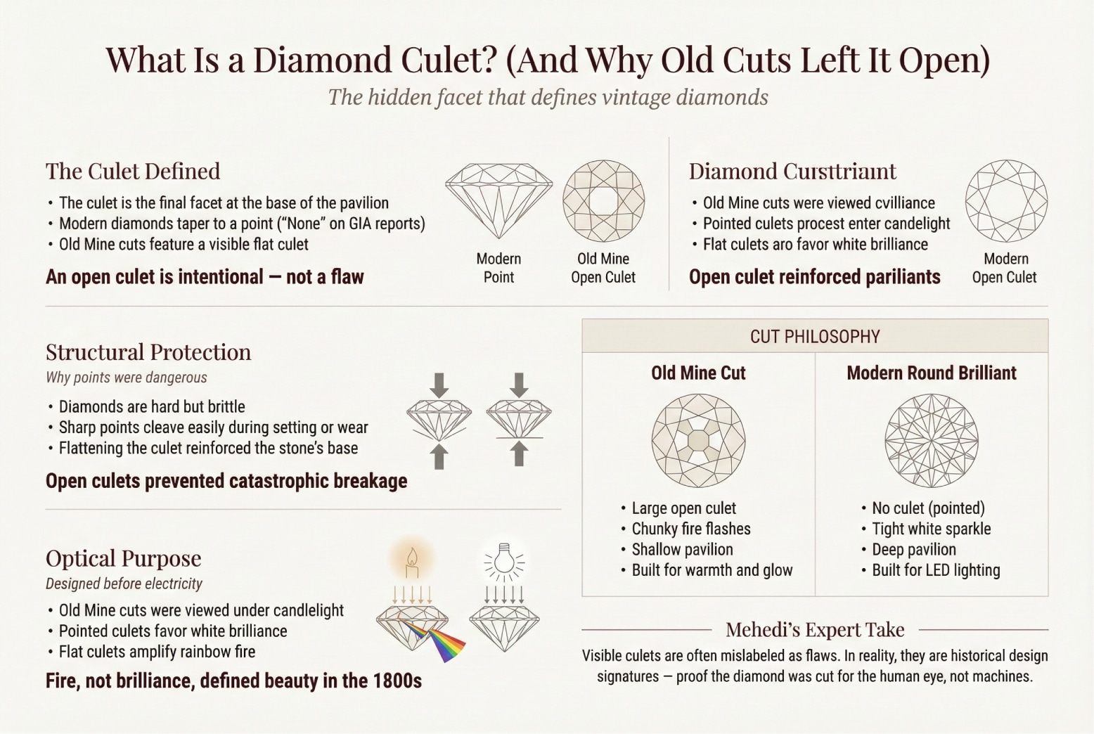 An educational infographic titled "What Is a Diamond Culet? (And Why Old Cuts Left It Open)". It compares the "Modern Point" (No culet, tight white sparkle) vs. the "Old Mine Open Culet" (Visible flat facet, chunky fire). It explains the structural protection against breakage and the optical purpose of amplifying fire in candlelight.