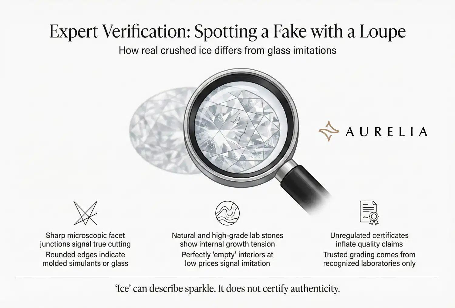 An educational infographic titled "Expert Verification: Spotting a Fake with a Loupe". It shows a loupe magnifying a stone. It details 3 checks: Sharp facet junctions (True cutting) vs. Rounded edges (Molded/Glass), Internal Growth Tension vs. Empty interiors, and Trusted Grading vs. Unregulated certificates. Quote: "'Ice' can describe sparkle. It does not certify authenticity."