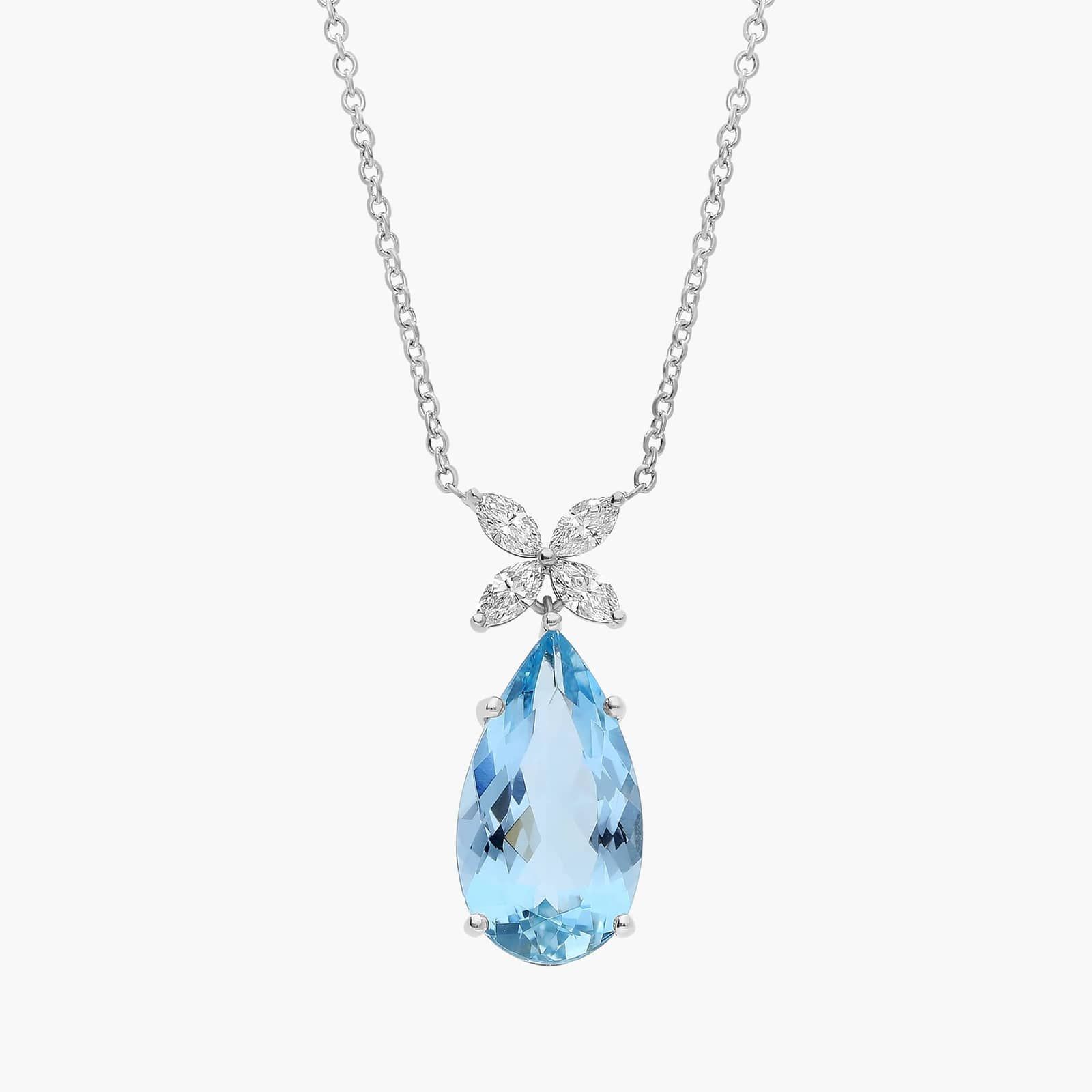 Extraordinary Collection: Pear Cut Aquamarine Flower Pendant In 18k White Gold