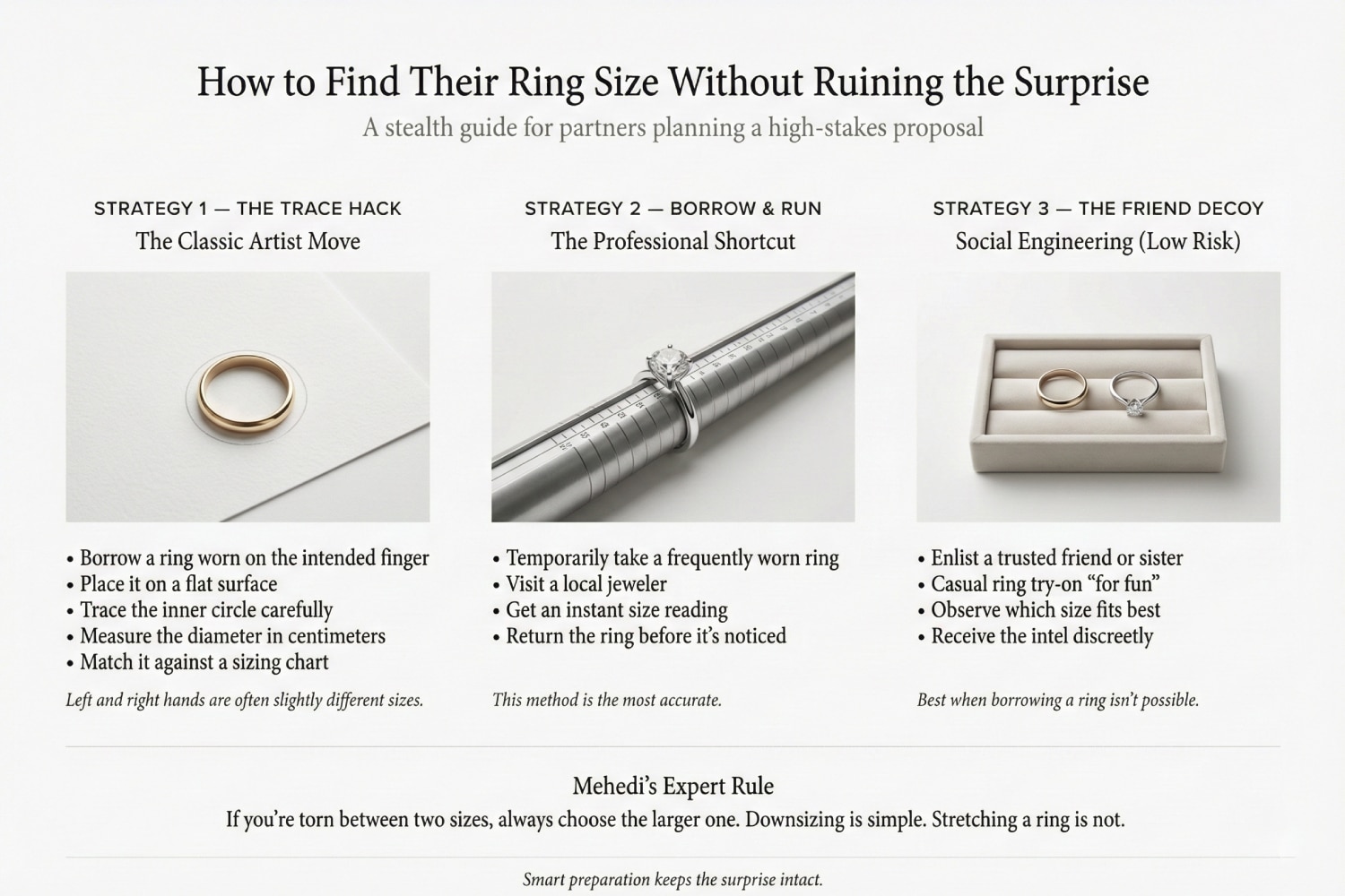 An infographic titled "How to Find Their Ring Size Without Ruining the Surprise". It illustrates 3 strategies: 1. The Trace Hack (Trace inner circle on paper), 2. Borrow & Run (Take ring to jeweler), 3. The Friend Decoy (Ask a friend to check). It features "Mehedi's Expert Rule": Always choose the larger size because downsizing is simpler than stretching.