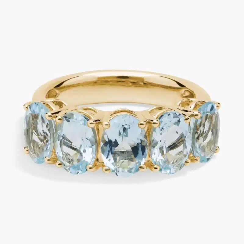 Shop this Aquamarine as Engagement Ring. Five oval aquamarines in 14K yellow gold. Elegant and unique choice for engagement rings.